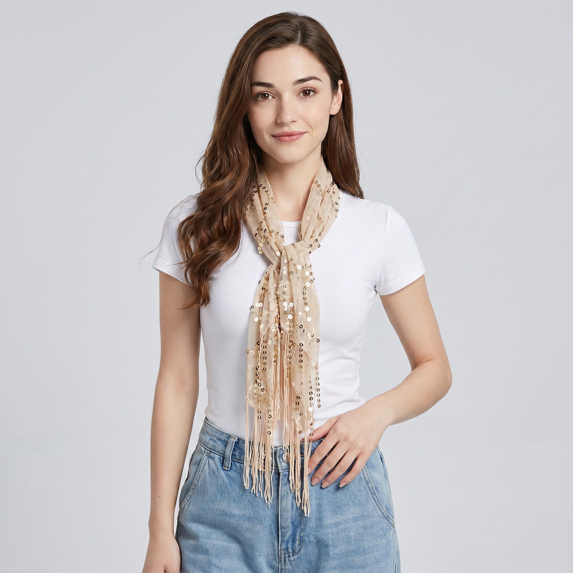 Sheer Sequin Fringe Skinny Scarf with Embroidered Swirl Pattern Neck Tie