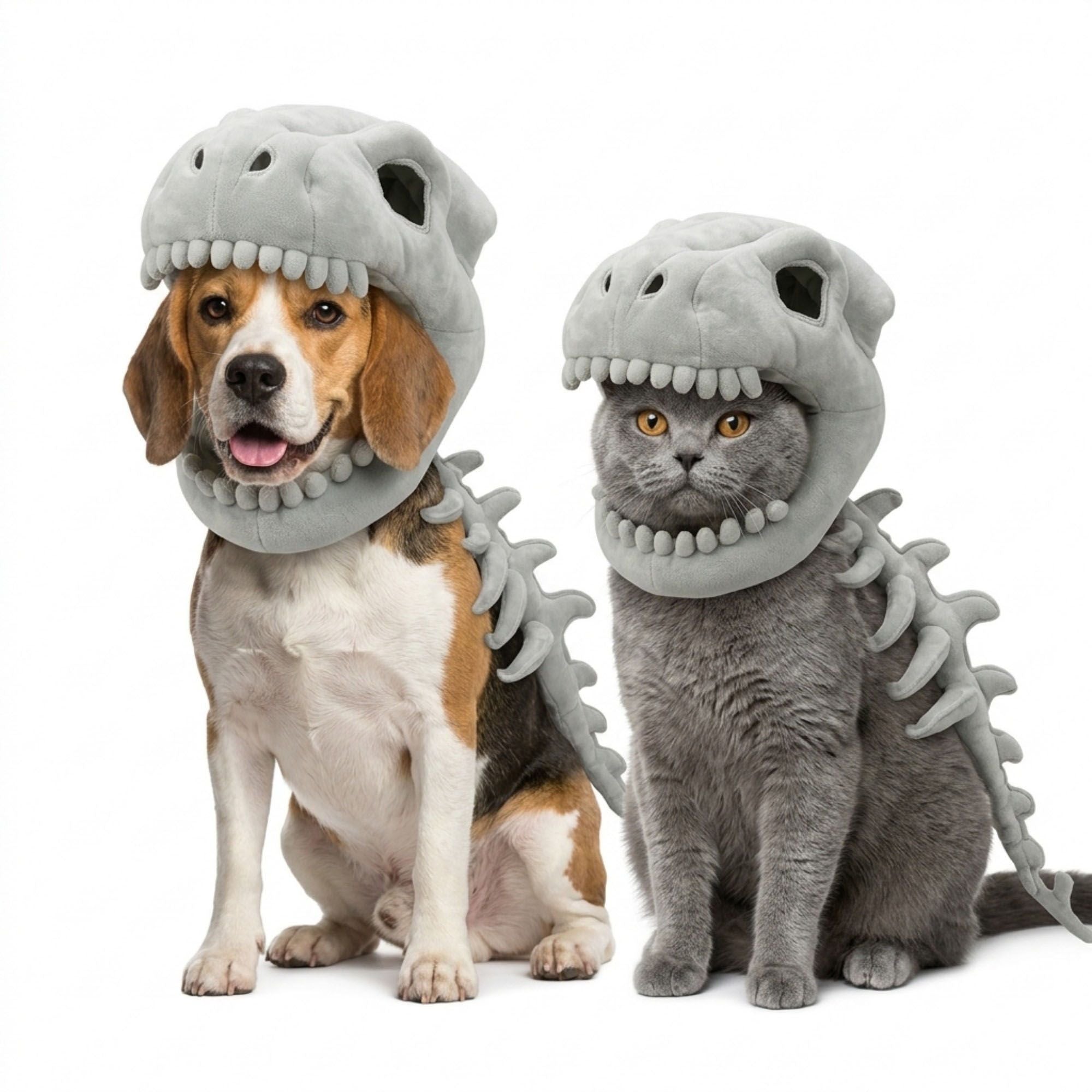 Pet Dinosaur Skeleton Costume Plush Skull Hood and Spine Outfit for Dogs and Cats