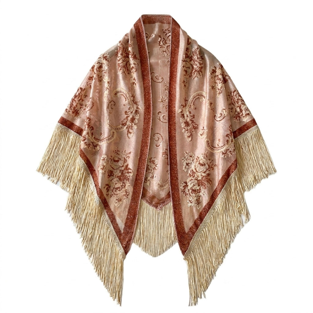 Triangle Shawl Scarf with Floral Jacquard and Fringe Trim