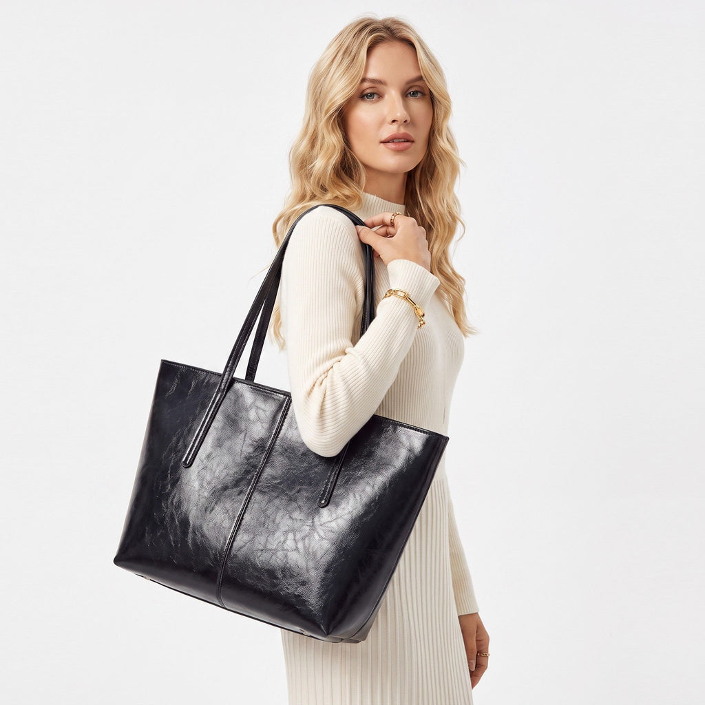 Large Faux Leather Tote Bag with Zip Closure and Interior Pockets