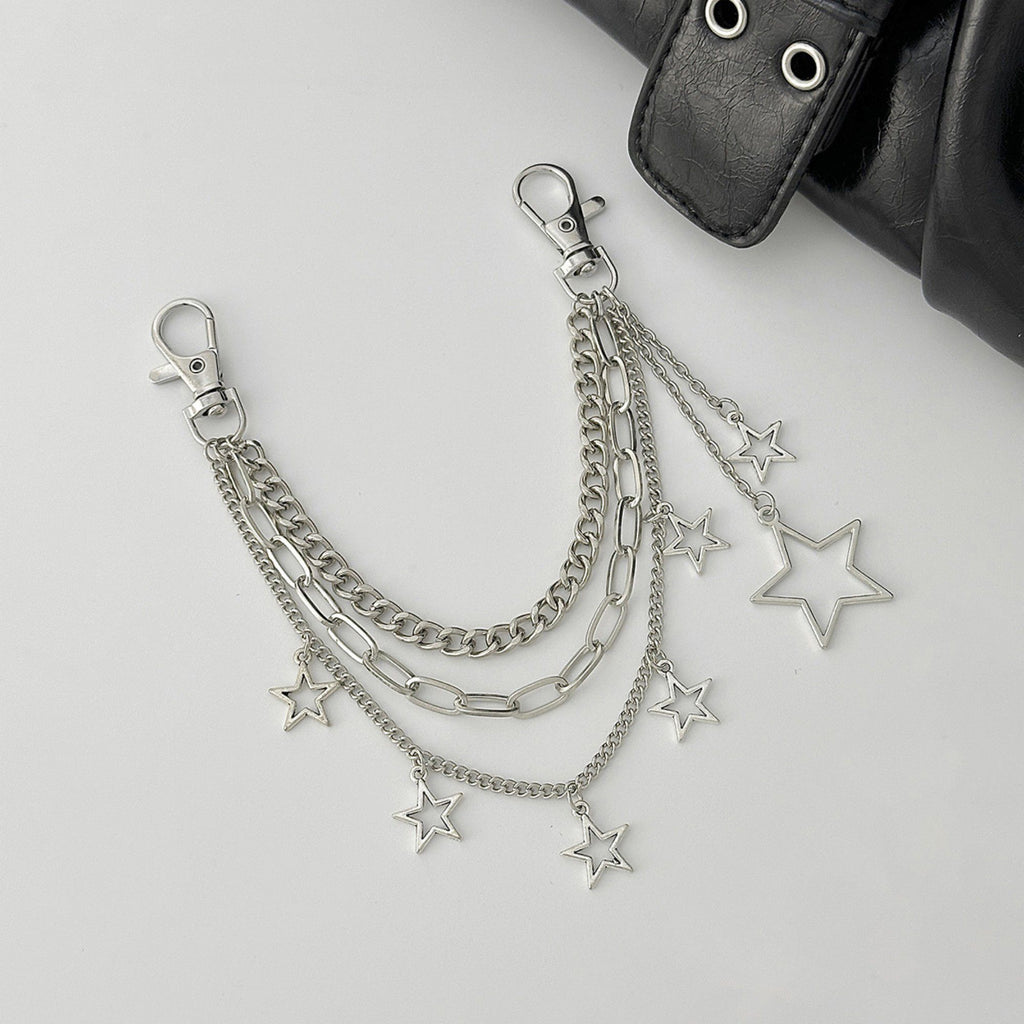 Star Chain Bag Charm with Layered Silver Tone Chains Clips and Hanging Star Pendants