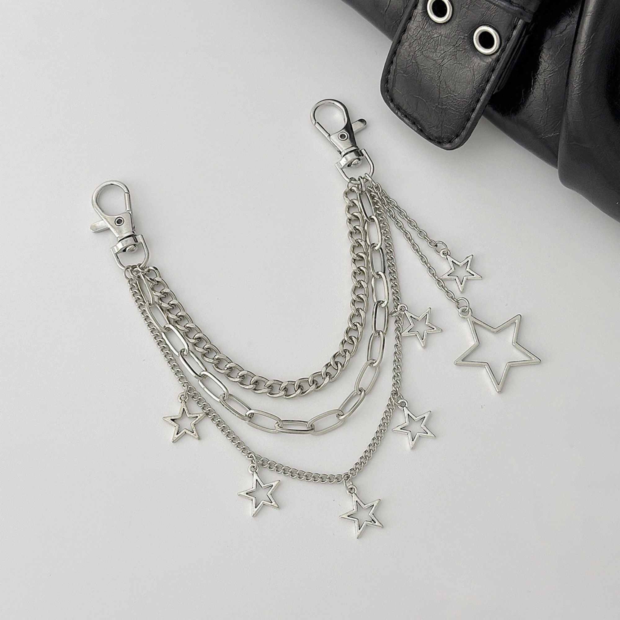 Star Chain Bag Charm with Layered Silver Tone Chains Clips and Hanging Star Pendants