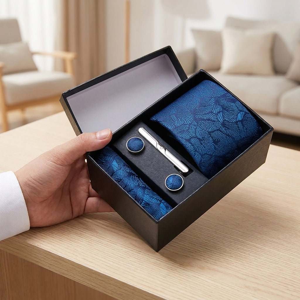 Men's Paisley Pattern Tie Gift Set with Matching Pocket Square Cufflinks and Silver Tie Clip