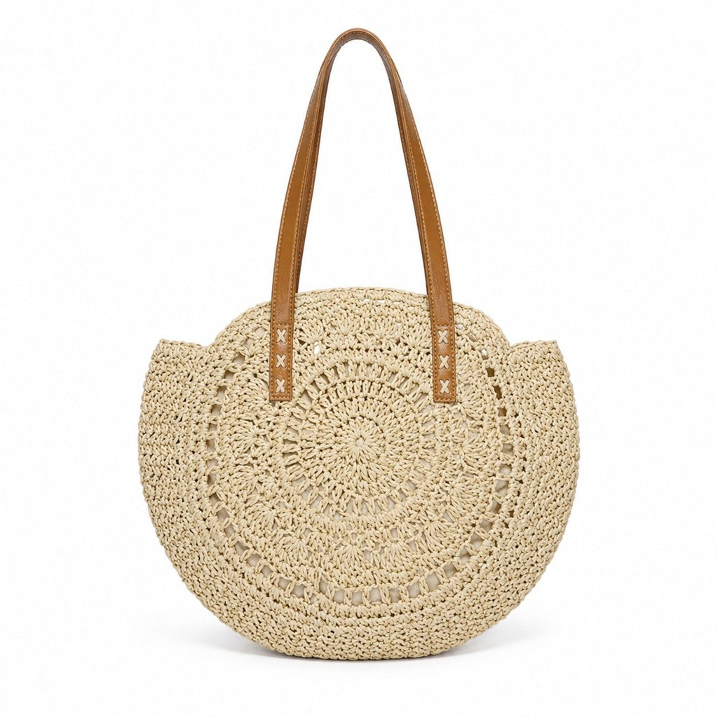 Round Woven Straw Tote Bag with Zip Closure Shoulder Handles and Slip Pocket