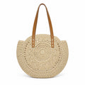 Round Woven Straw Tote Bag with Zip Closure Shoulder Handles and Slip Pocket