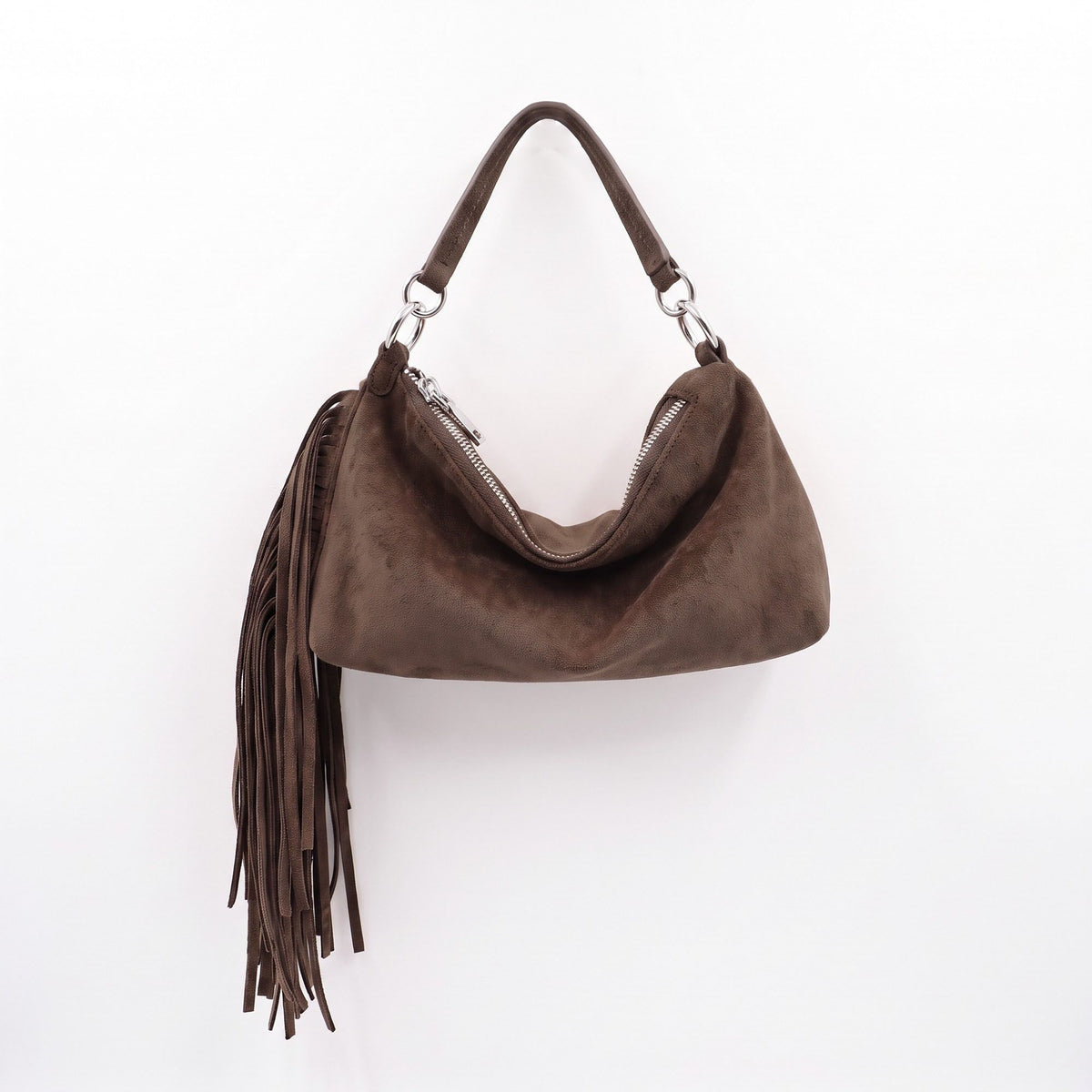 Slouchy Shoulder Handbag with Fringe Tassel and Zipper Closure