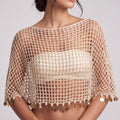 Open Knit Crochet Poncho Capelet with Metallic Disc Trim, Boat Neck and Draped Three Quarter Sleeves 35*11In