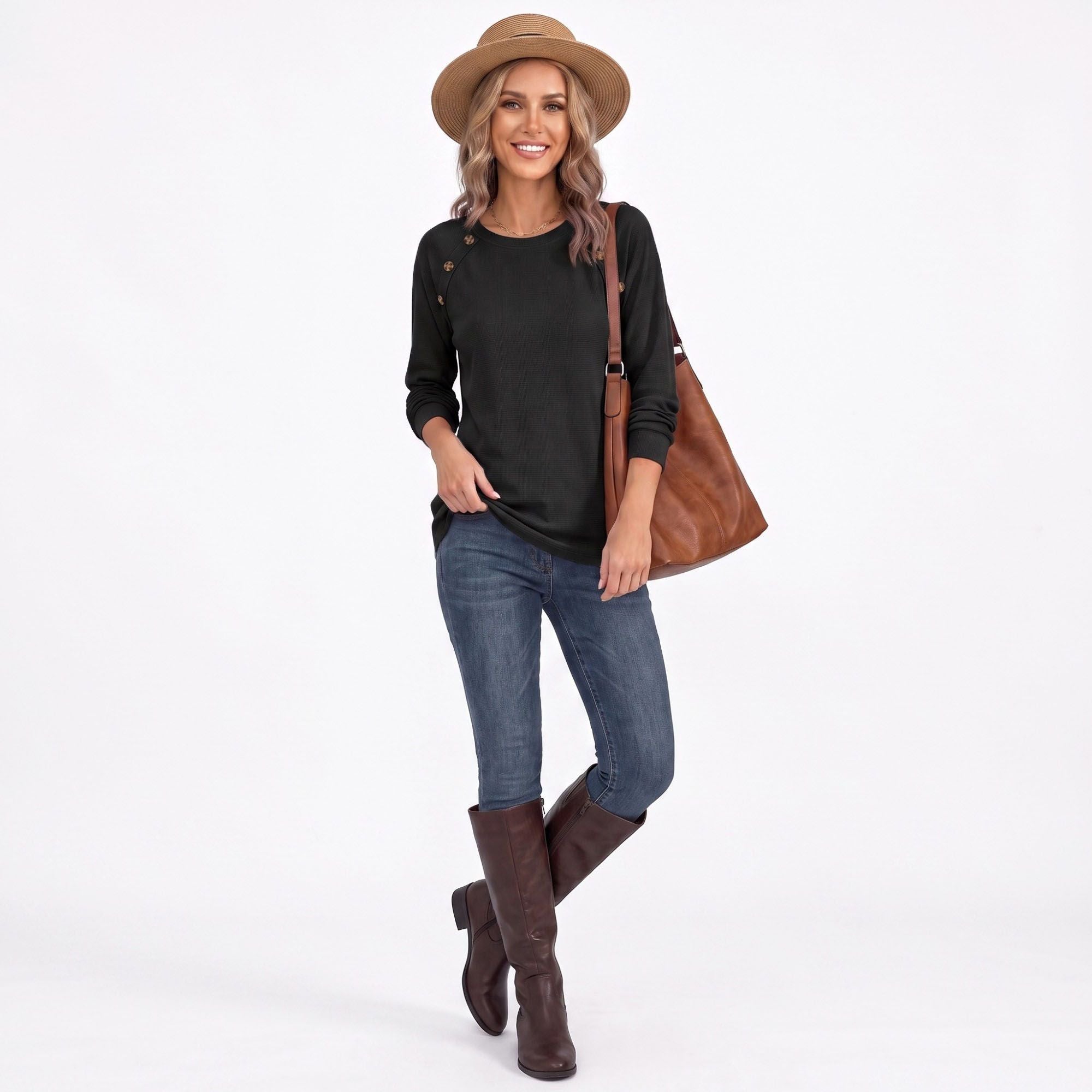 Waffle Knit Button Shoulder Raglan Long Sleeve Top