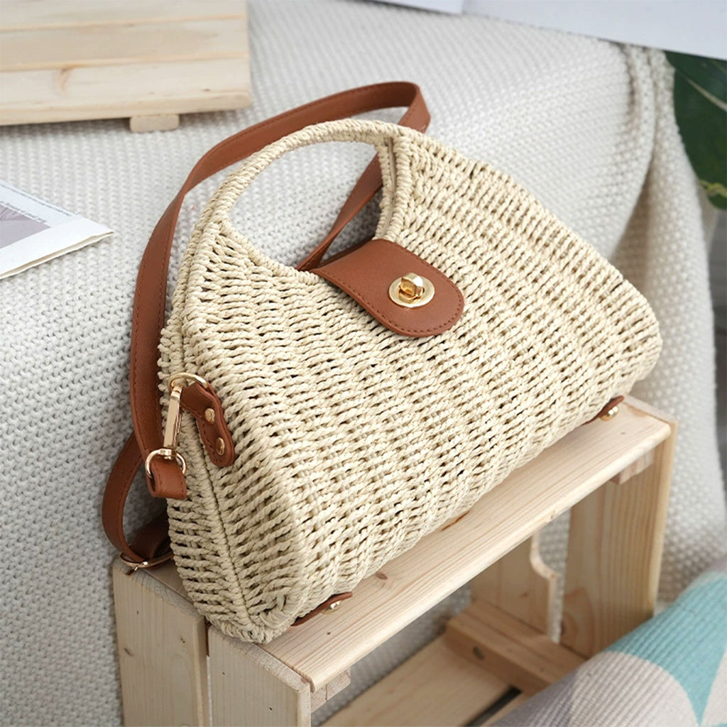 Woven Straw Crossbody Bag with Top Handle Adjustable Strap Crochet Handbag