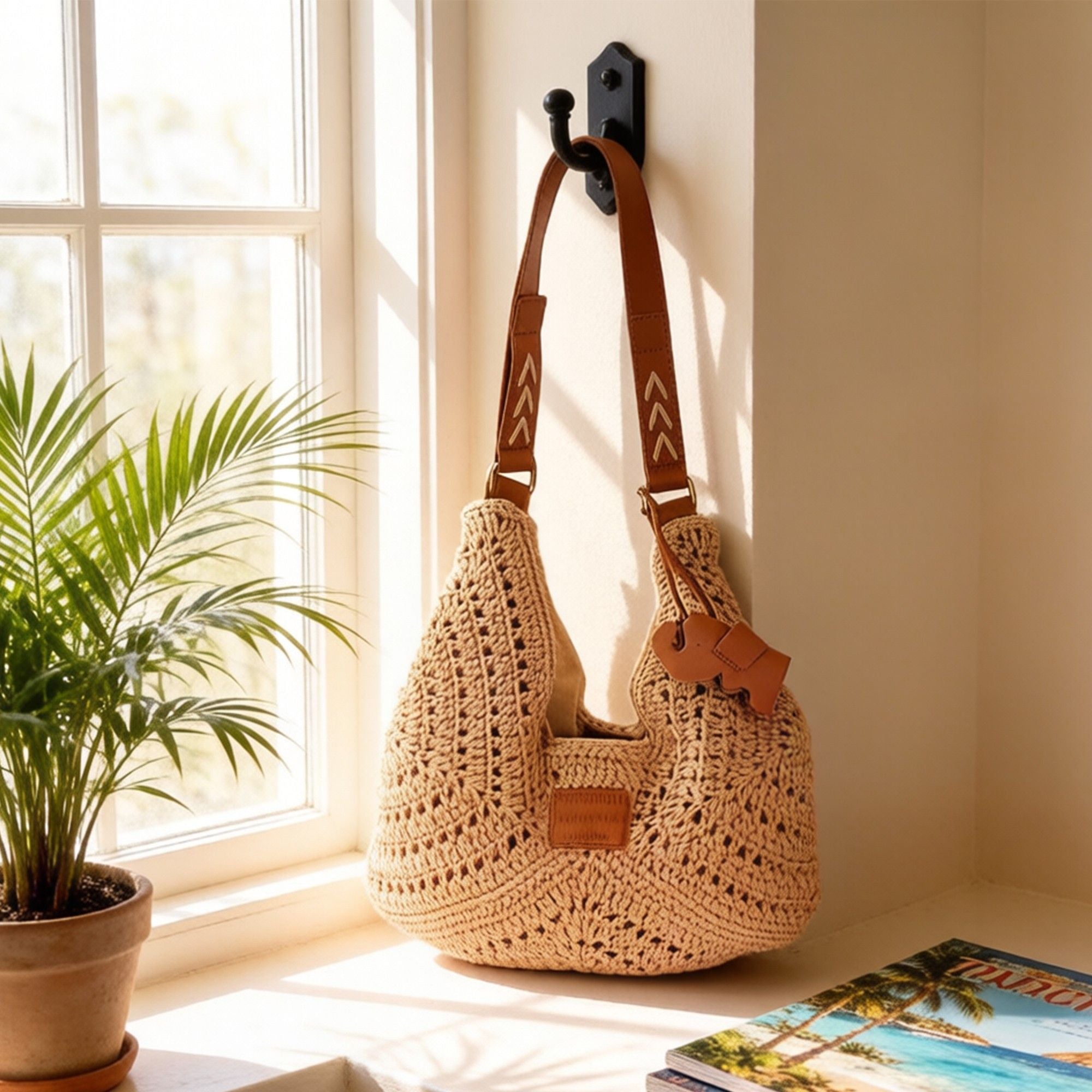 Woven Crochet Shoulder Bag with Embroidered Strap Slouchy Hobo Handbag Lightweight Knit Tote