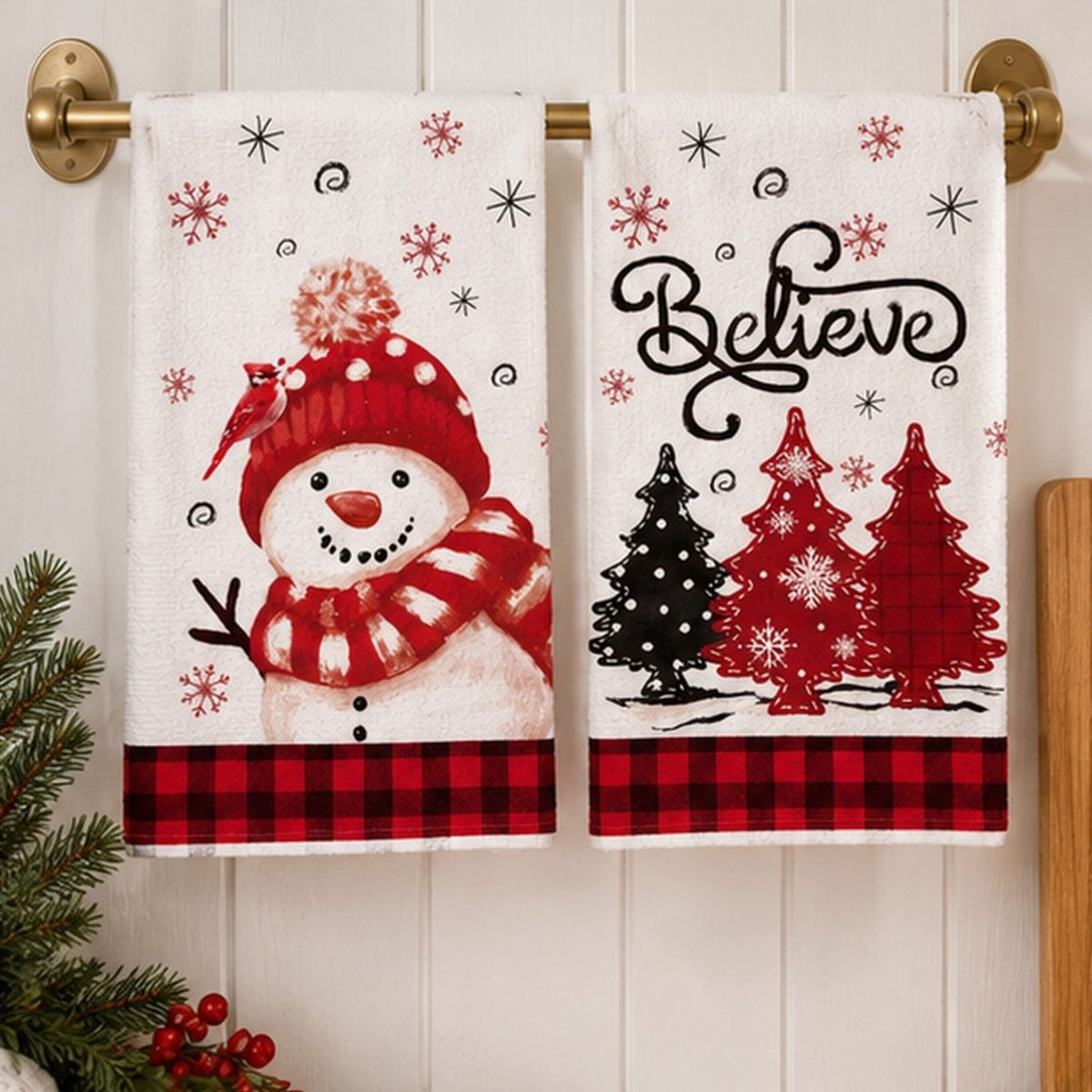 2-Pack Christmas Kitchen Towels 15.7x23.6in, Snowman & Tree Microfiber Holiday Towels