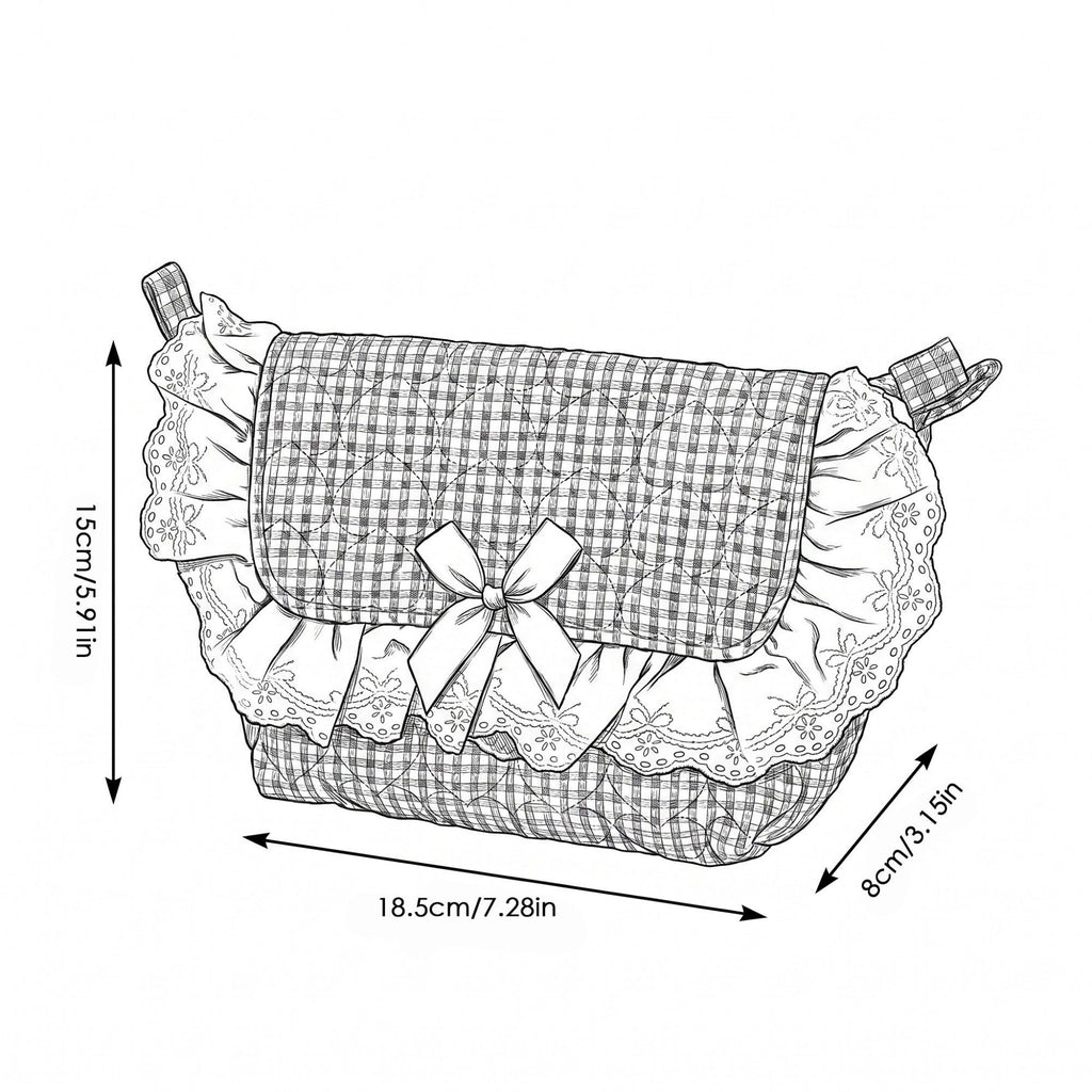 Womens Quilted Gingham Makeup Bag with Shoulder Strap Lace Ruffle Bow