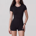 Short Sleeve One Piece Active Romper with Crew Neck Built In Padding Fitted Shorts and Smooth Stretch Fabric