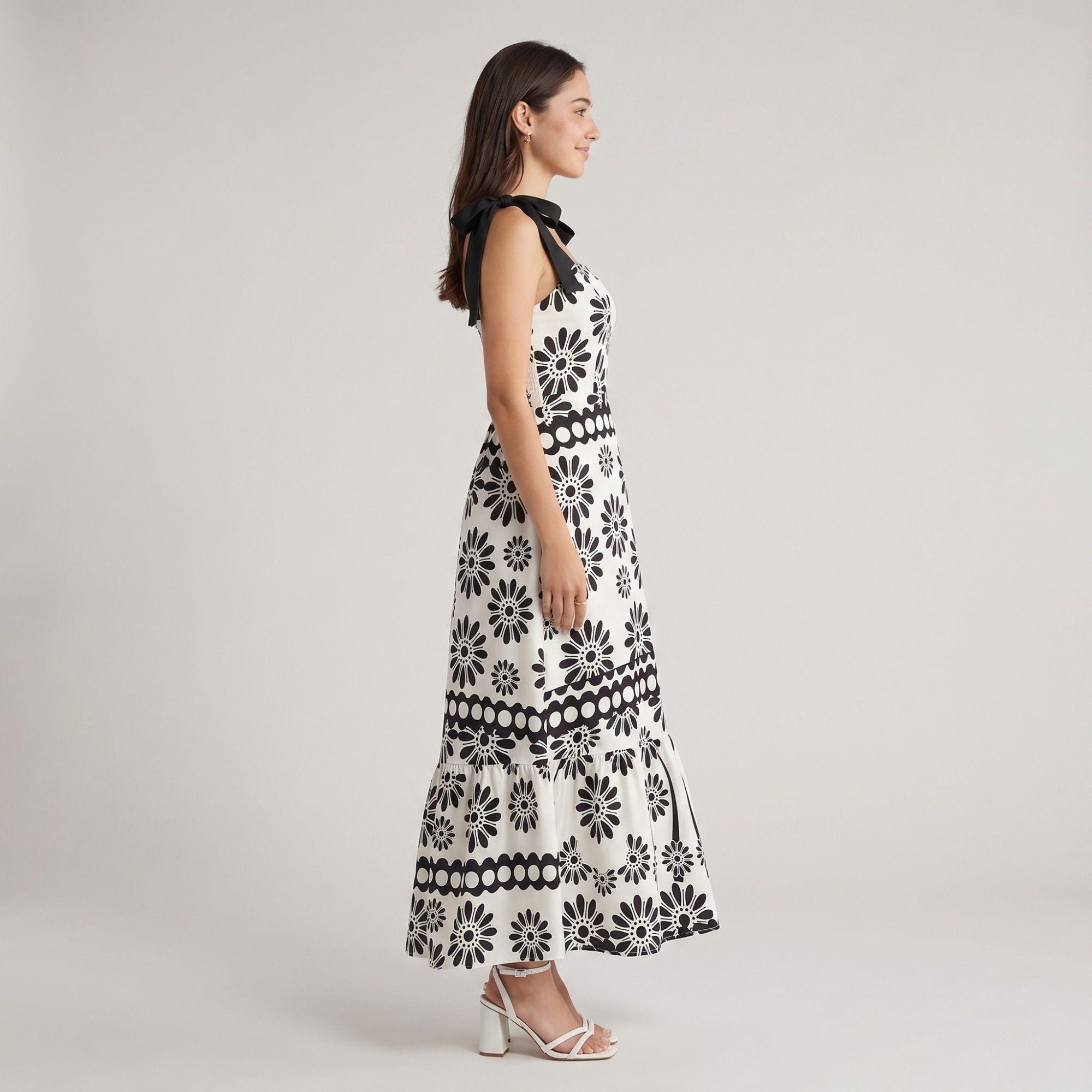 Tie Shoulder Square Neck Midi Dress Black and White Floral Smocked Tiered Sundress