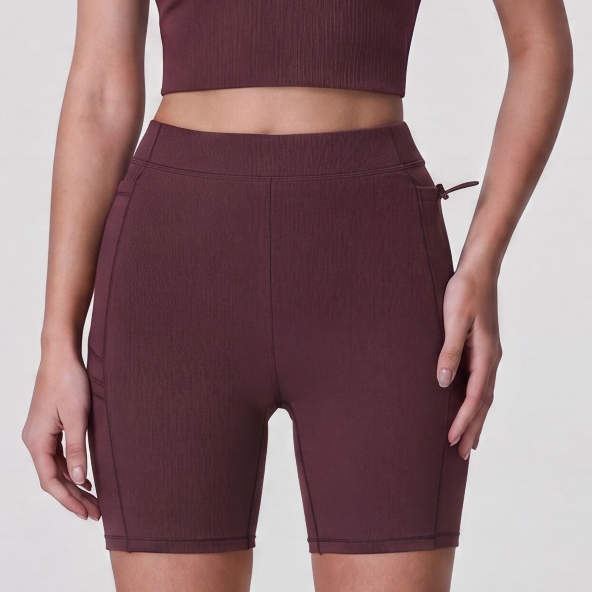 High Waist Ribbed Biker Shorts with Side Pocket and Adjustable Drawcord Detail