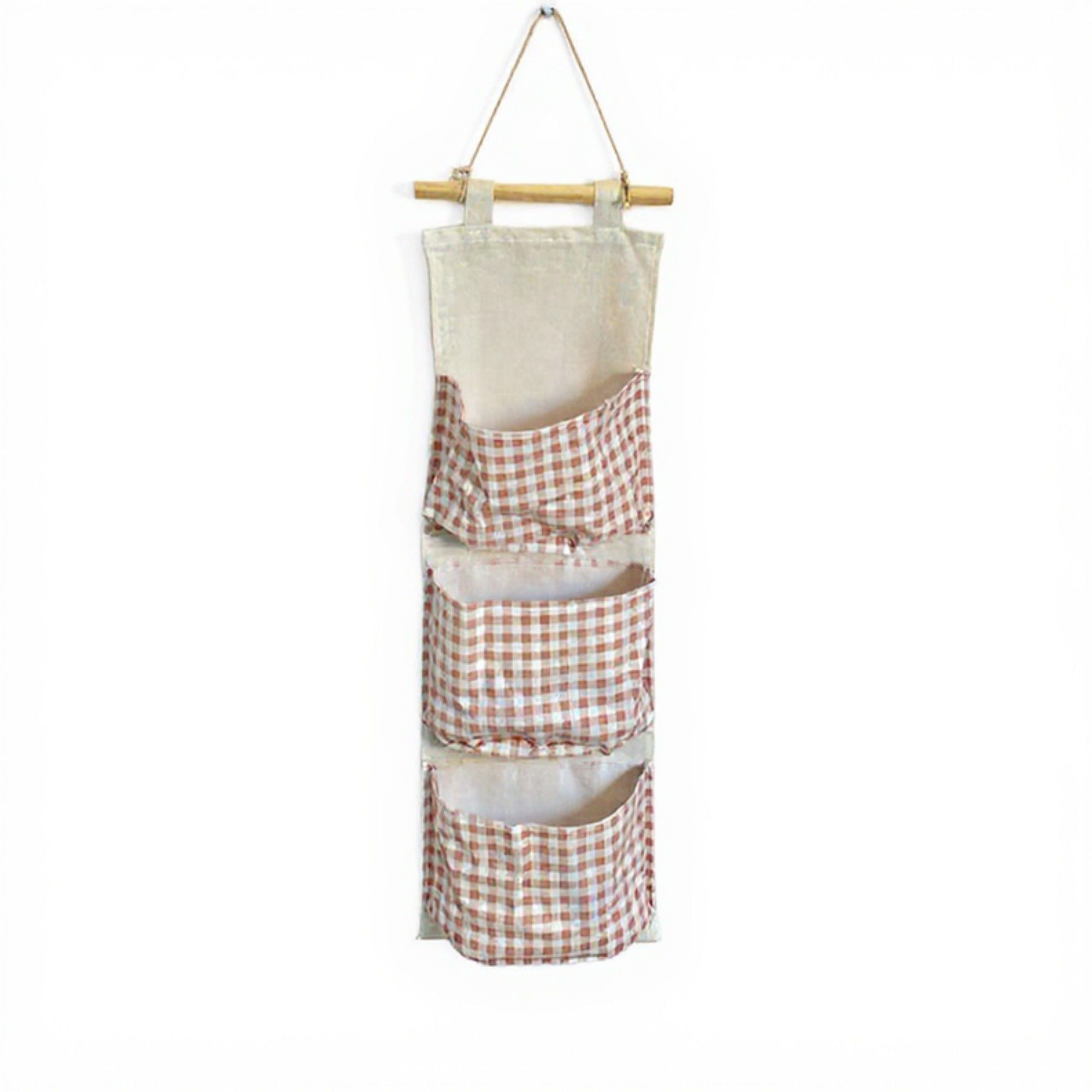 Hanging Wall Organizer with Three Pockets and Brown Gingham Pattern 19x7.8 in