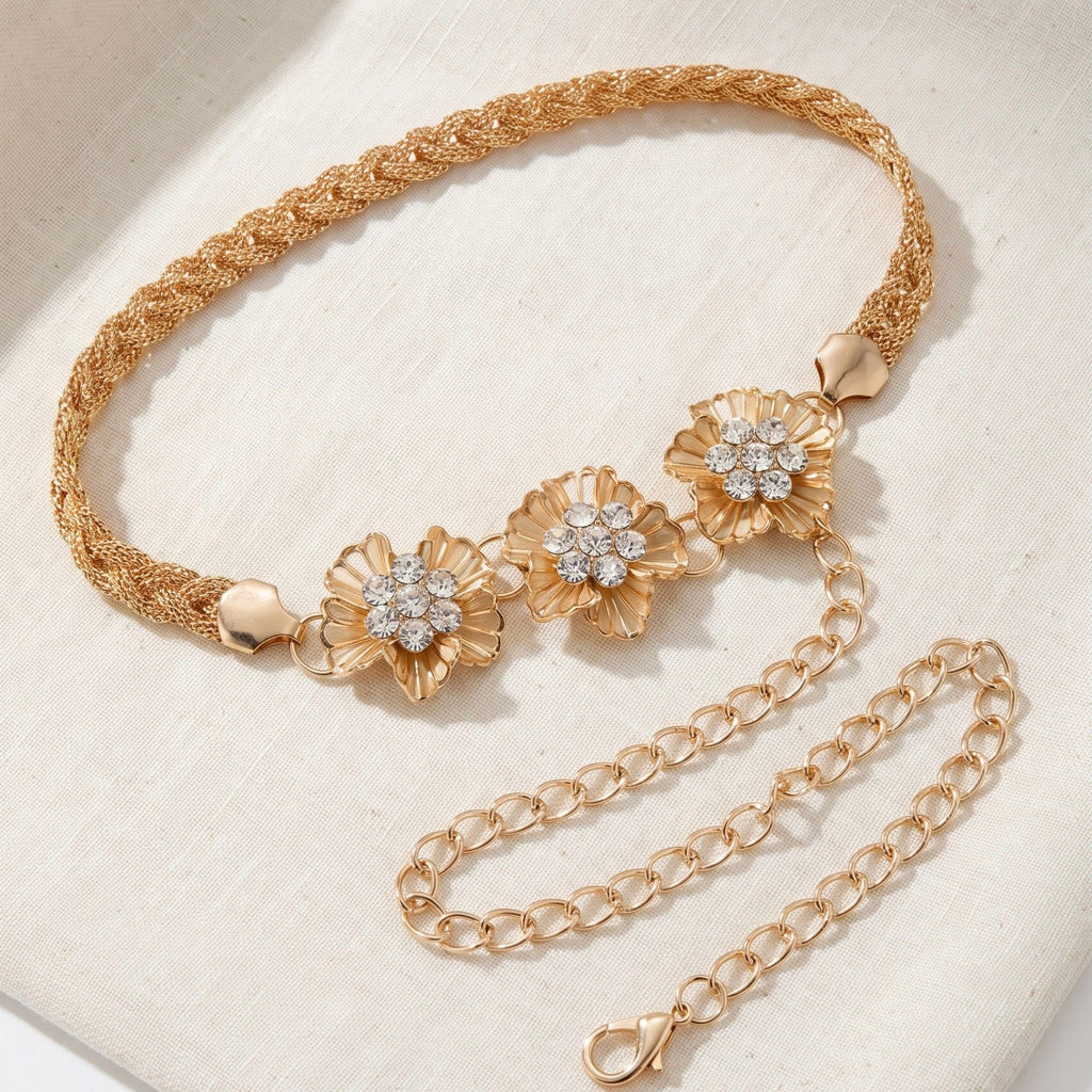 Triple Floral Braided Metal Waist Belt Adjustable Vintage Floral Statement Waist Jewelry 43.3in