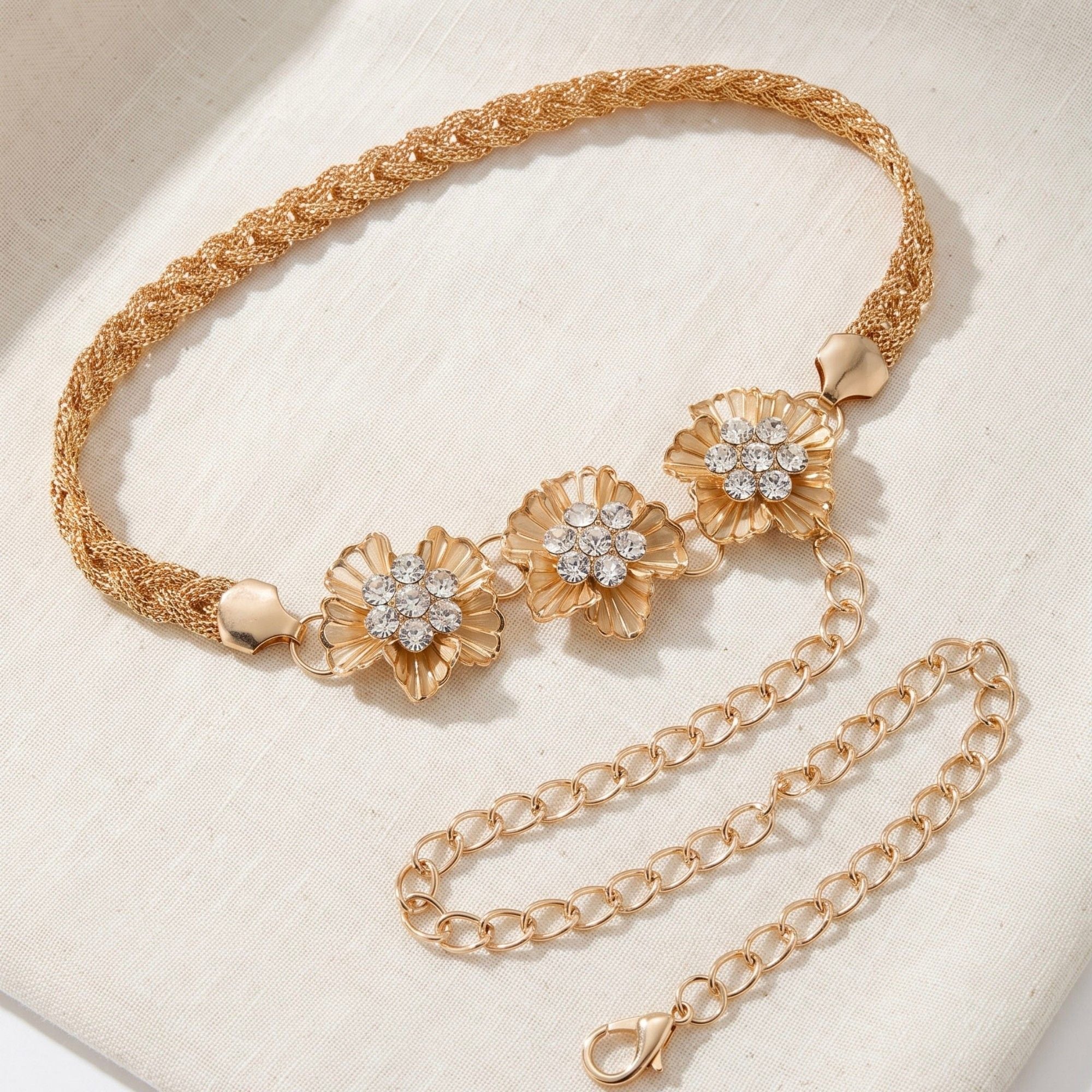 Triple Floral Braided Metal Waist Belt Adjustable Vintage Floral Statement Waist Jewelry 43.3in