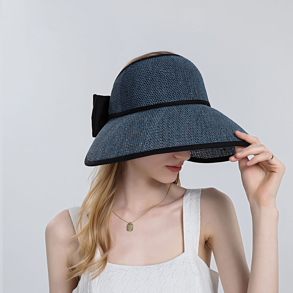 Anna-Kaci Womens Roll Up Straw Sun Visor Wide Brim Bow Detail Adjustable UV Protection Packable Summer Hat