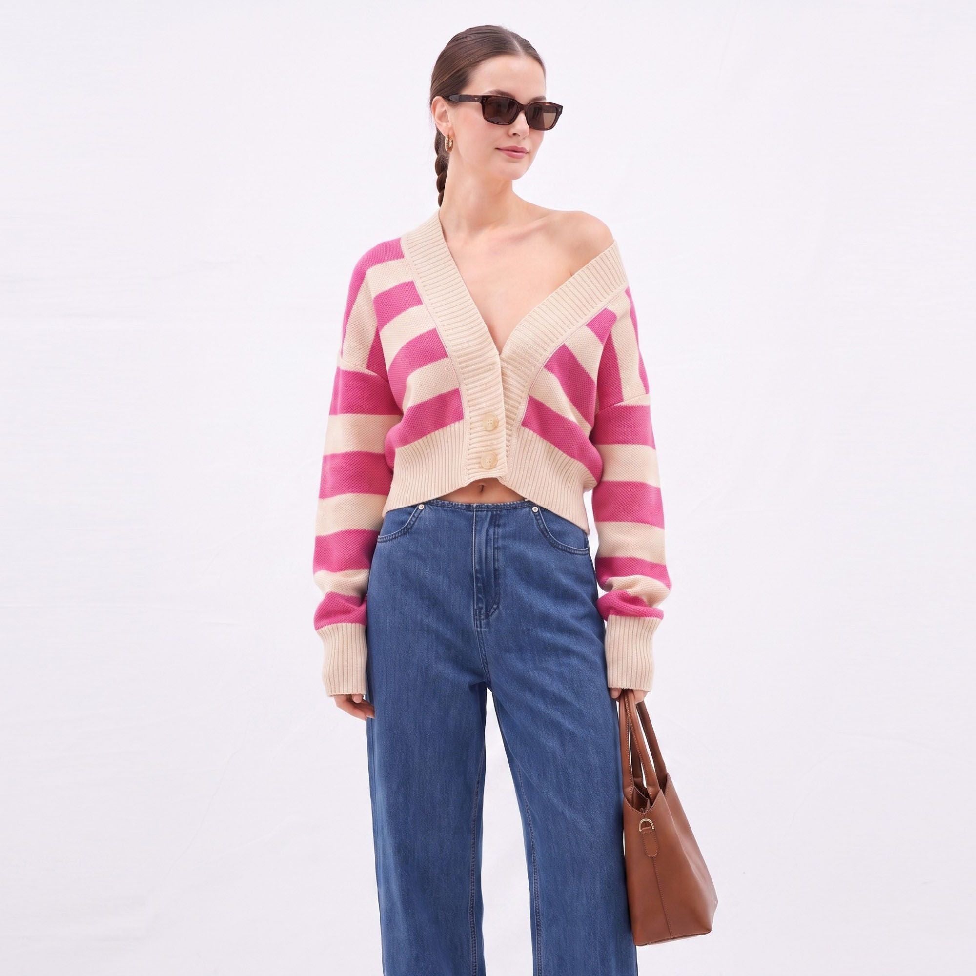 Striped V-Neck Cropped Cardigan Sweater