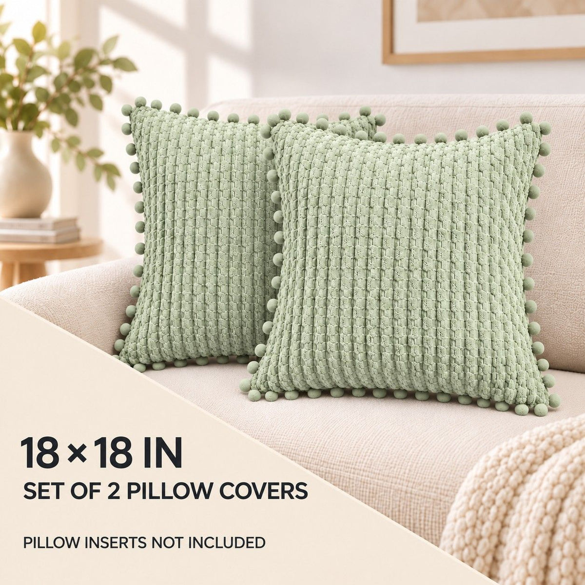 2 Pack Double Sided Corduroy Throw Pillow Covers 18 x 18 Inch with Pom Pom Trim