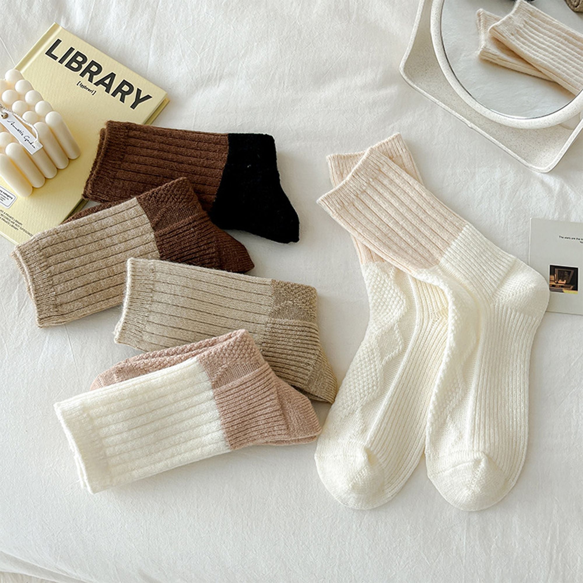 Anna-Kaci 3-PC Ribbed Crew Socks with Color Block Design Soft Knit Texture Comfortable Everyday Fit Single Pair