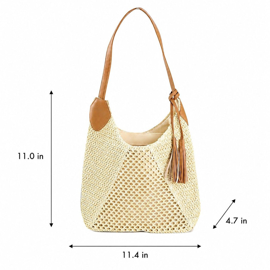 Woven Paper Fiber Shoulder Tote Bag Large Capacity Crochet Handbag with Tassel Accent