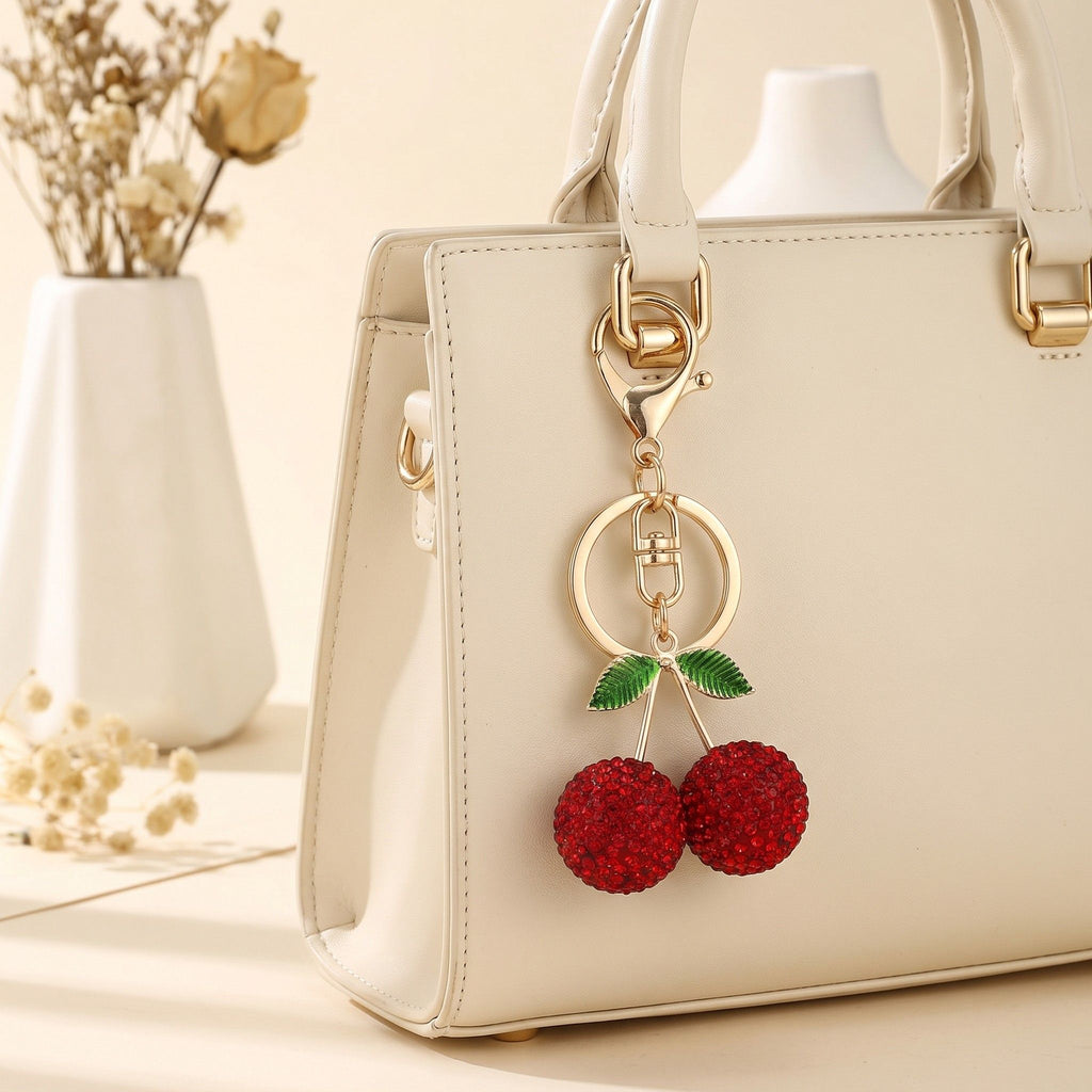 Rhinestone Cherry Bag Charm Keychain with Gold-Tone Lobster Clasp