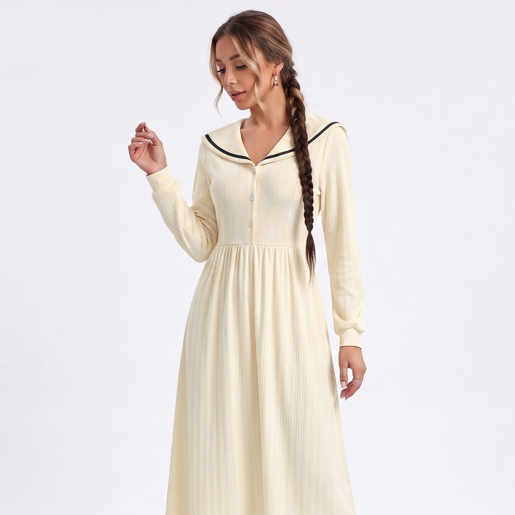 Cream Sailor Collar Long Sleeve Button Front Fit and Flare Midi Dress