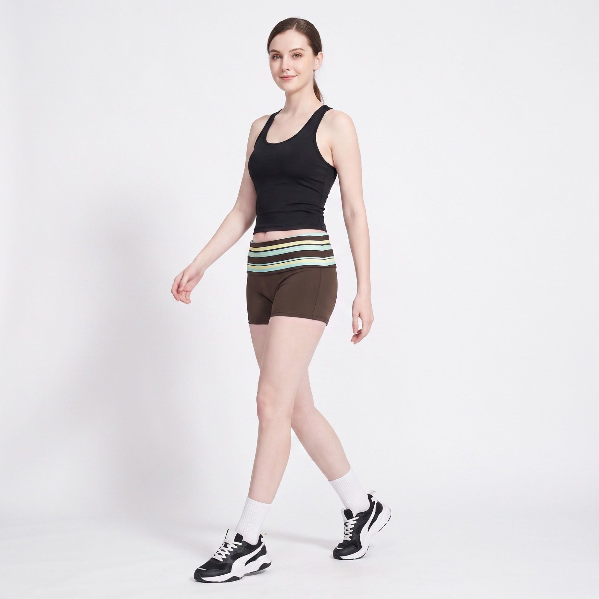 Striped Foldover Waist Fitted Athletic Shorts for Workouts Running and Everyday Activewear