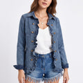 Ruffle Trim Denim Jacket Long Sleeve Button Front Jean Blazer with Collared Neck