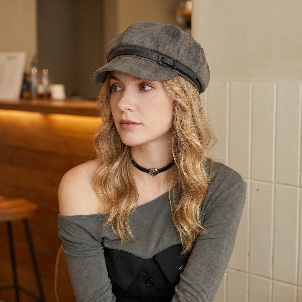 Faux Suede Newsboy Cap Vintage Baker Boy Hat With Buckle Band