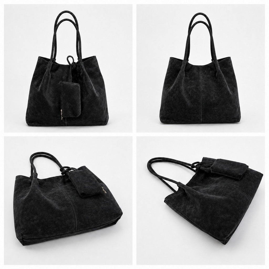 Soft PU Leather Tote Bag with Removable Pouch and Shoulder Handles