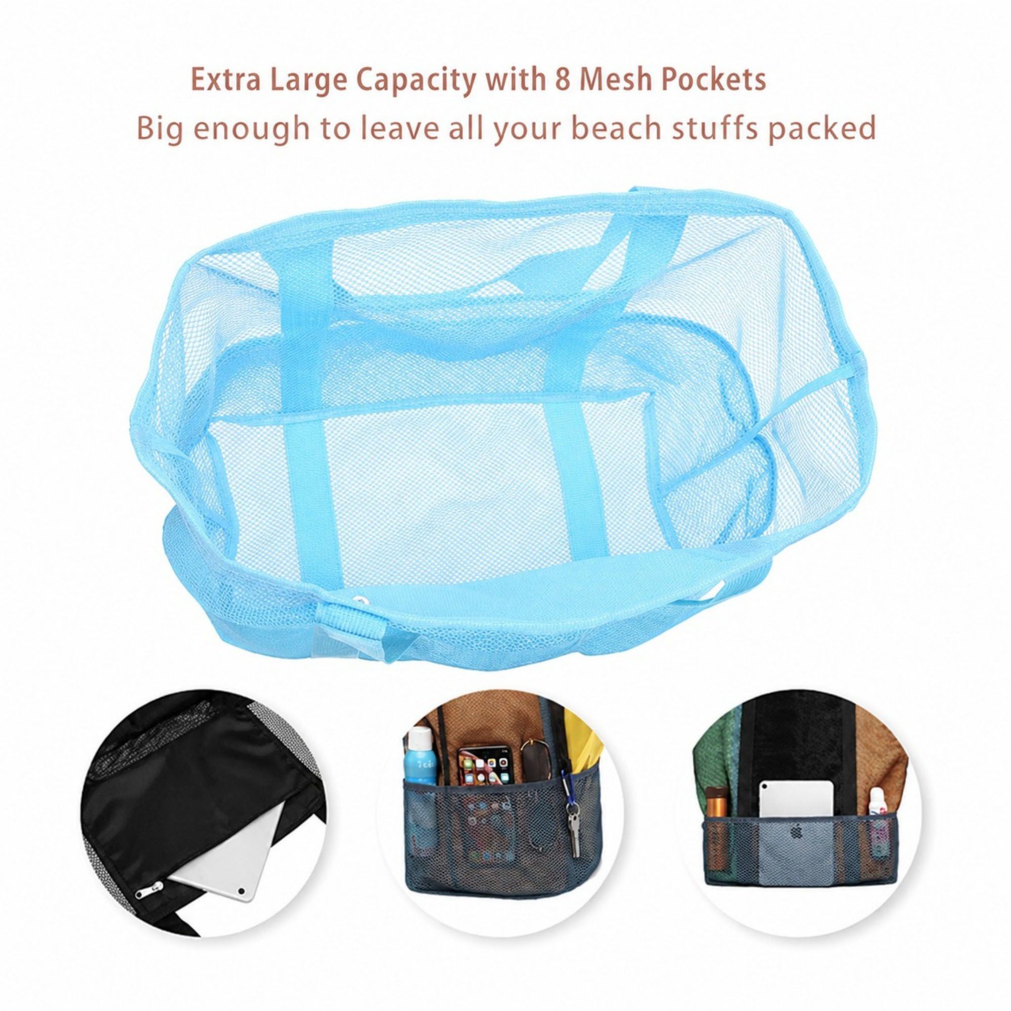 Mesh Beach Tote Bag Large Capacity Travel Shoulder Bag with Exterior Pockets Zipper Top Organizer