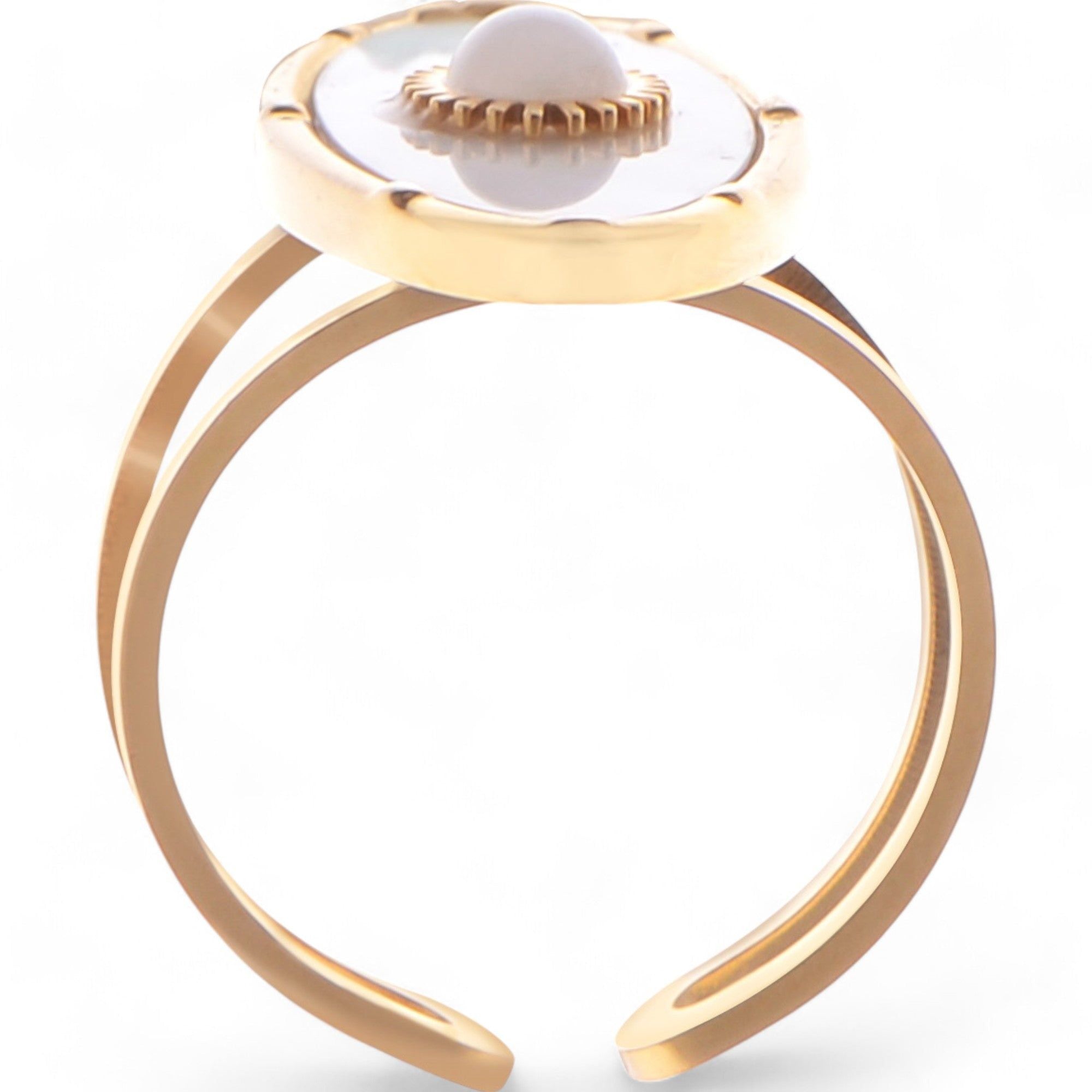 Women's Wide Statement Ring Gold Tone with Round Stone Marble-Like Stone and Textured Details