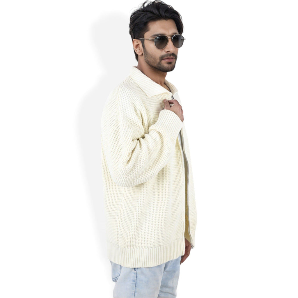 Anna-Kaci Men's Waffle Knit Zip-Up Cardigan with Classic Collar and Relaxed Fit