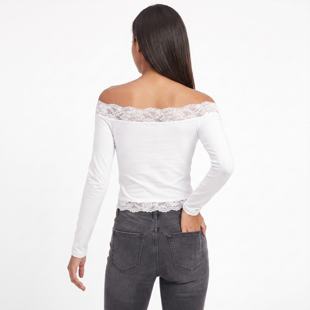 Off-the-Shoulder Lace Trim Long Sleeve Crop Top