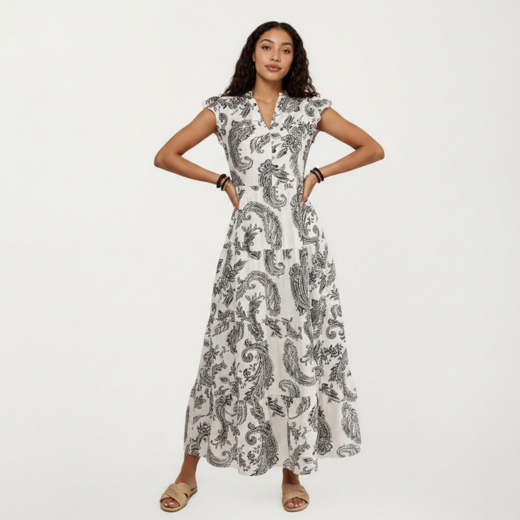 Anna-Kaci Women's Paisley Print Flutter Sleeve Tiered Maxi Dress