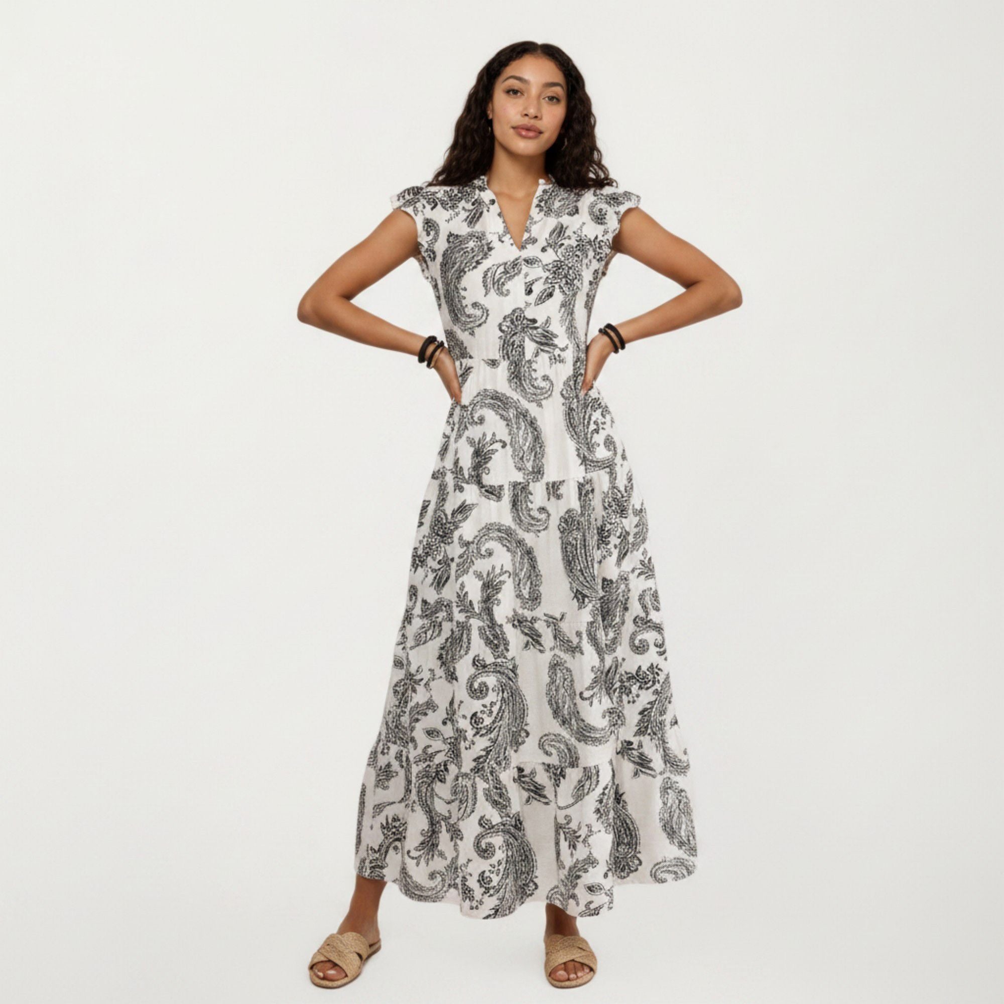 Anna-Kaci Women's Paisley Print Flutter Sleeve Tiered Maxi Dress