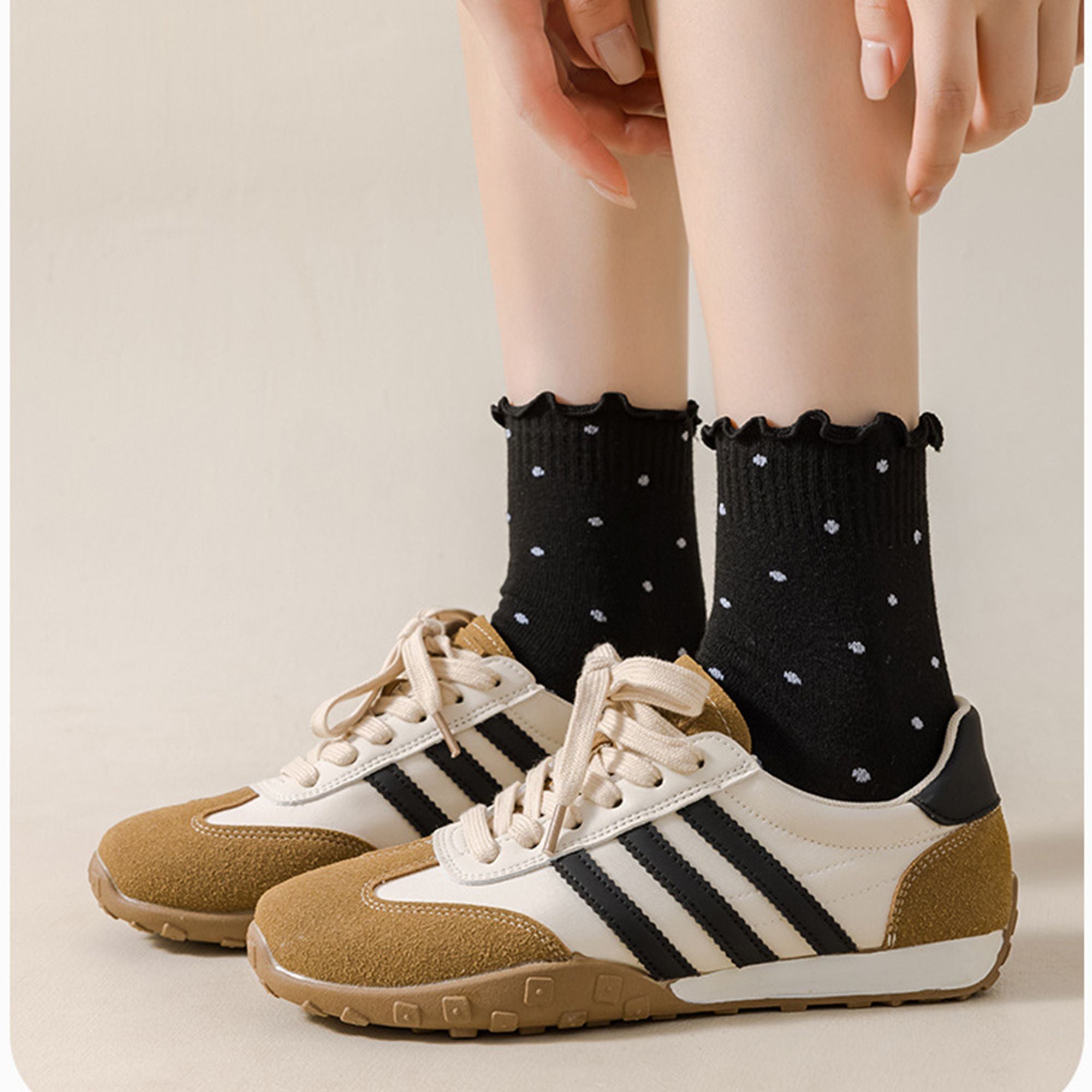 Anna-Kaci Women's Polka Dot Ankle Socks Set Soft Cotton Blend Ruffle Trim Cuff Multiple Color Combos 5 Pairs