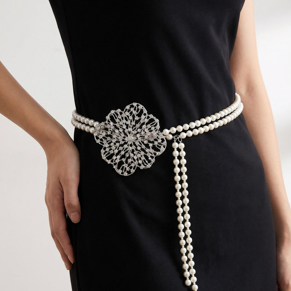 Filigree Crystal Flower Pearl Waist Chain Adjustable Elegant Body Belt Luxury Floral Waist Jewelry 47.2in
