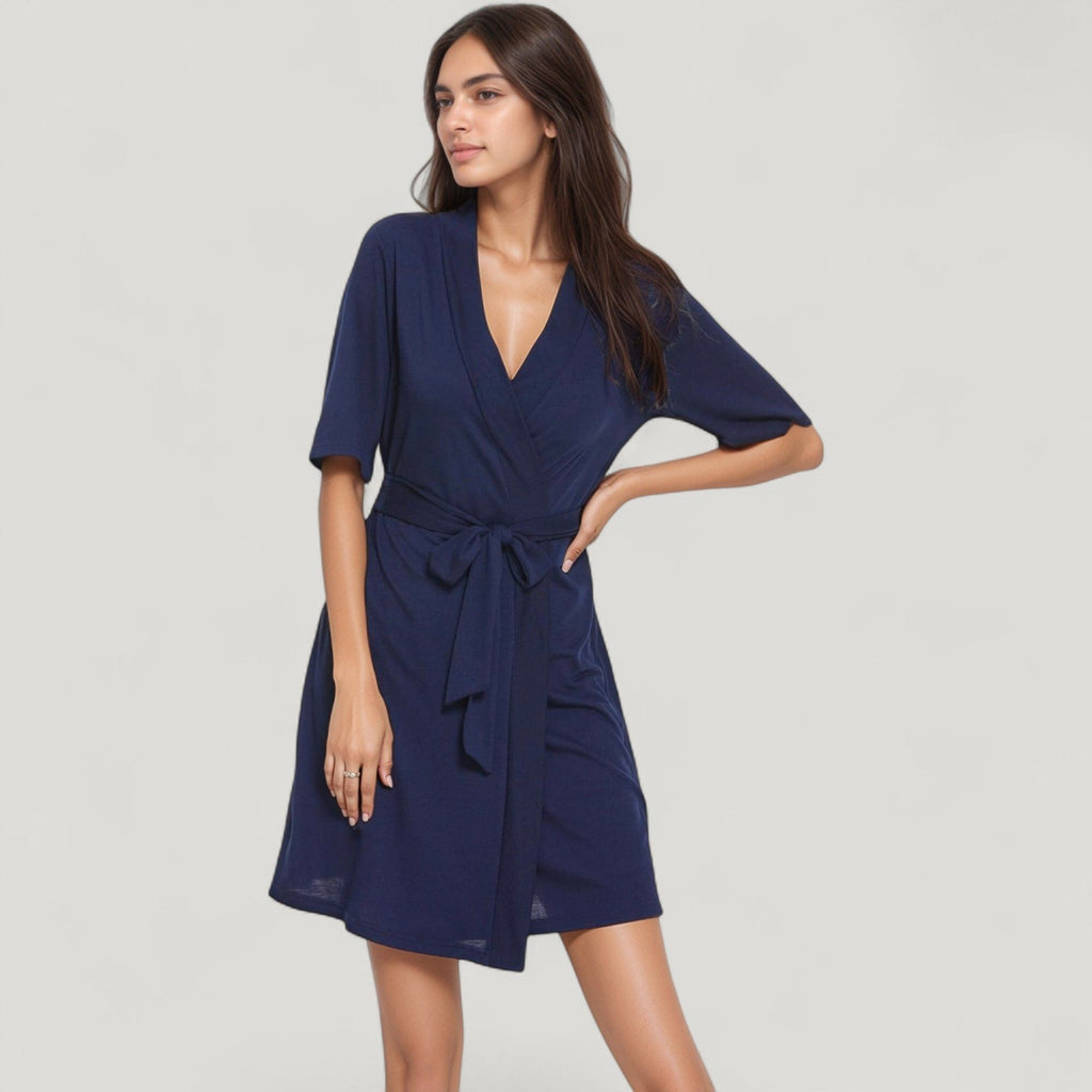 Anna-Kaci Lounge Women's Knit Wrap Robe Short Sleeve V-Neck Belted Casual Robe with Adjustable Waist Tie