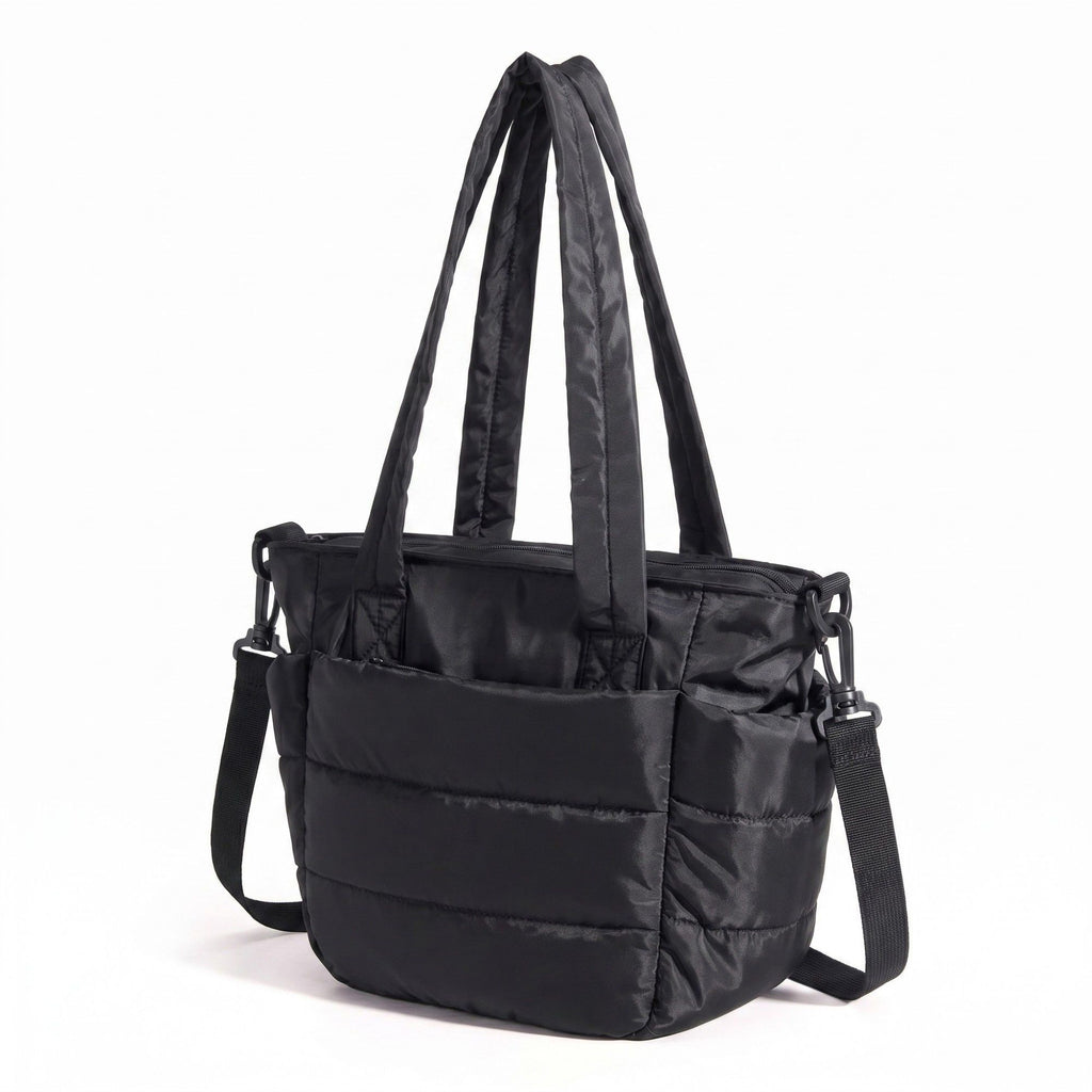 Quilted Puffer Tote Bag with Adjustable Shoulder Strap Multi Pocket Lightweight Carryall Handbag 13x6x10 in