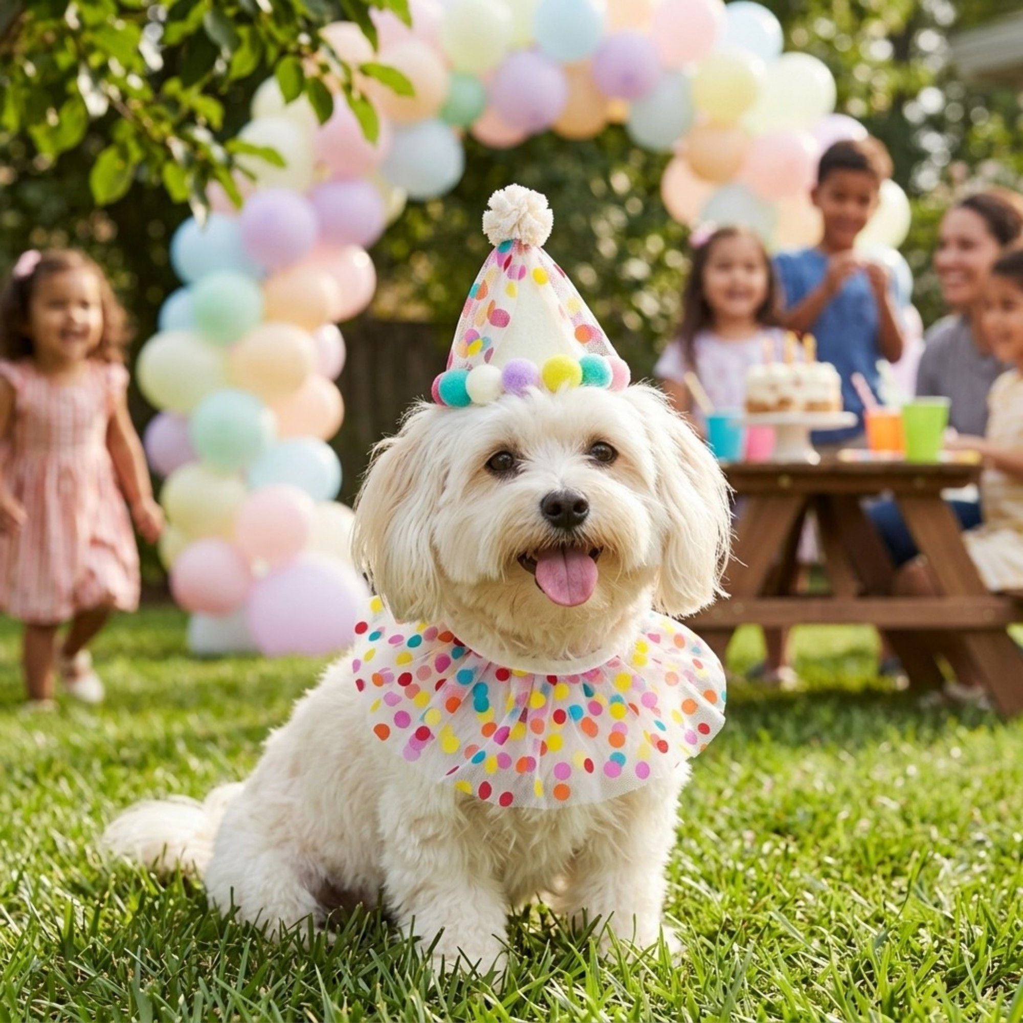 Pet Birthday Hat and Polka Dot Tulle Collar Set Colorful Party Costume Accessory