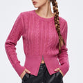 Cable Knit Crewneck Sweater with Front Zipper