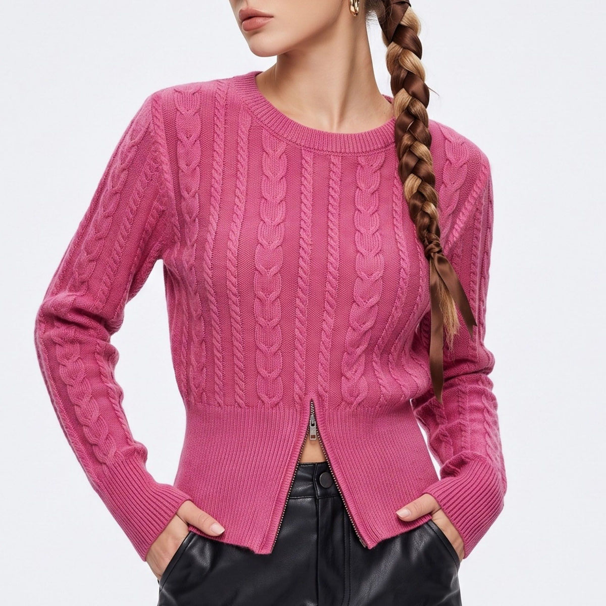 Cable Knit Crewneck Sweater with Front Zipper