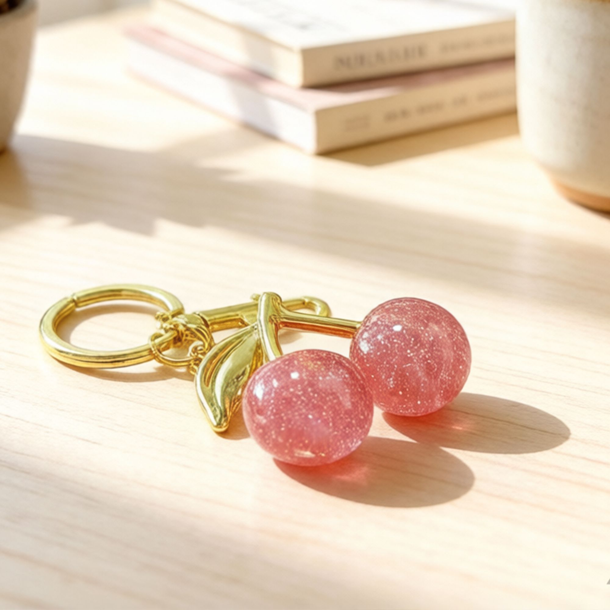Cherry Charm Keychain with Glitter Fruit Pendant Gold Tone Clip and Key Ring Bag Accessory