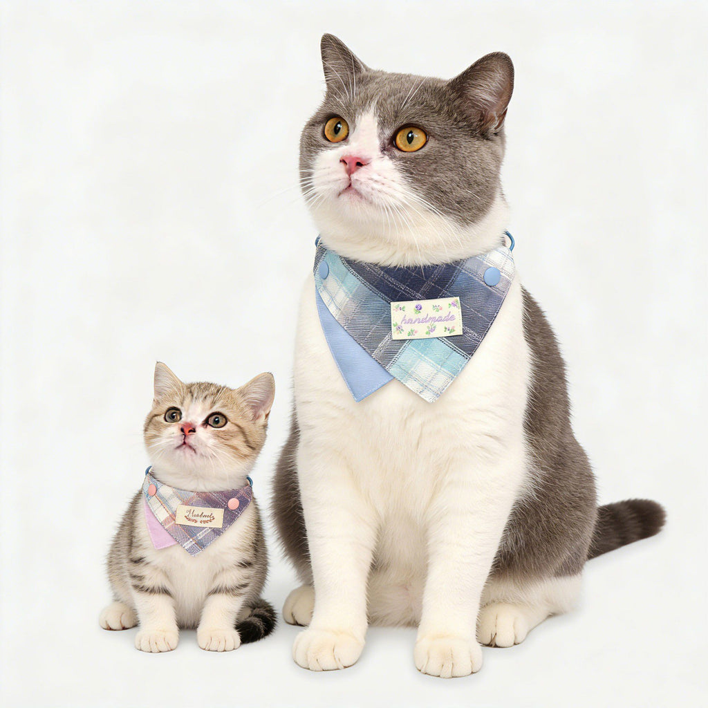Pet Bandana Collar Soft Adjustable Plaid Scarf with Button Closure and Decorative Patch Design