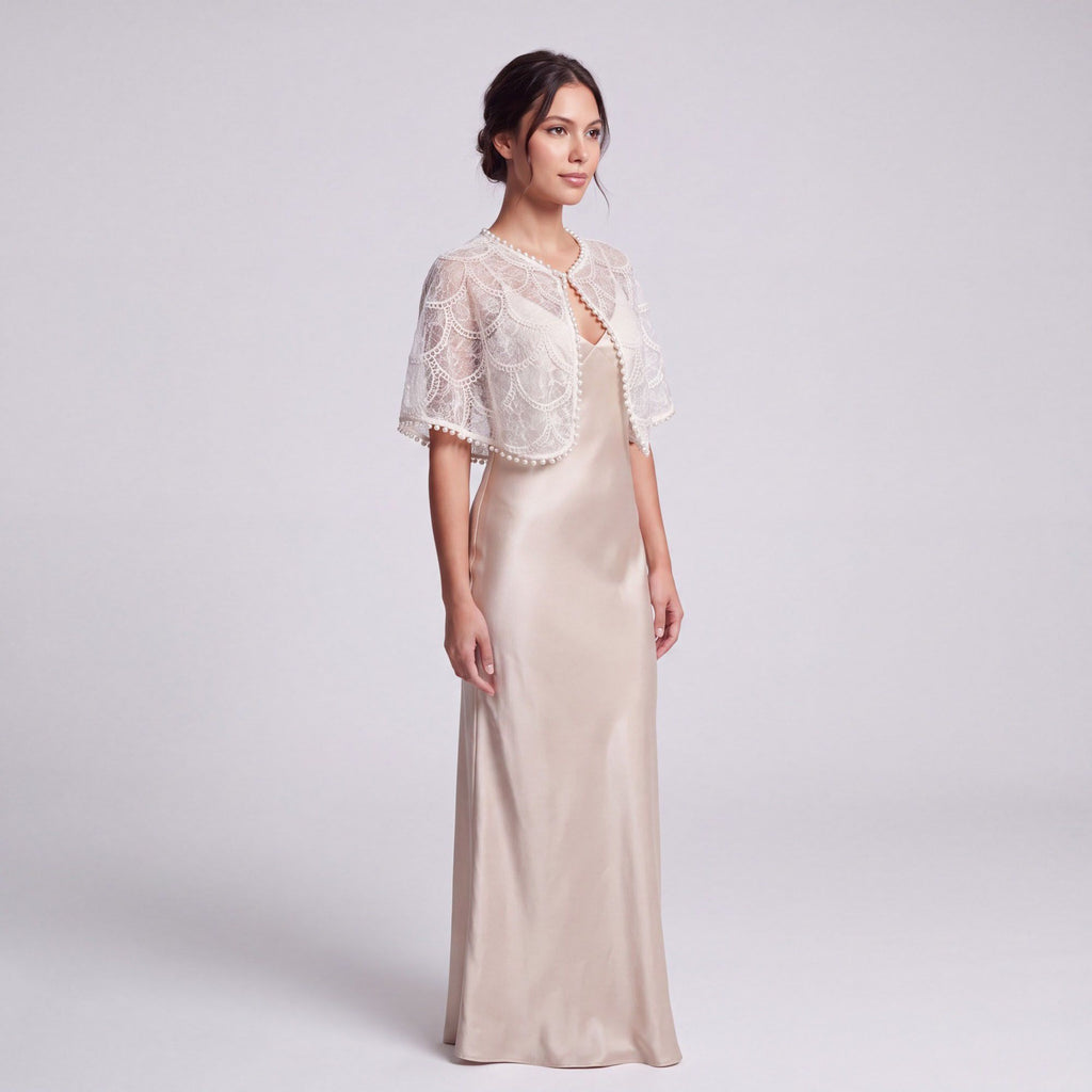Sheer Floral Lace Pearl Trim Capelet Shrug with Open Front, Scalloped Pattern and Draped Short Sleeves 17.7*9.8In