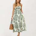 Anna-Kaci Women's Sleeveless Midi Dress with Leaf Print Tie Shoulder Straps Smocked Back Flowy A-Line Silhouette